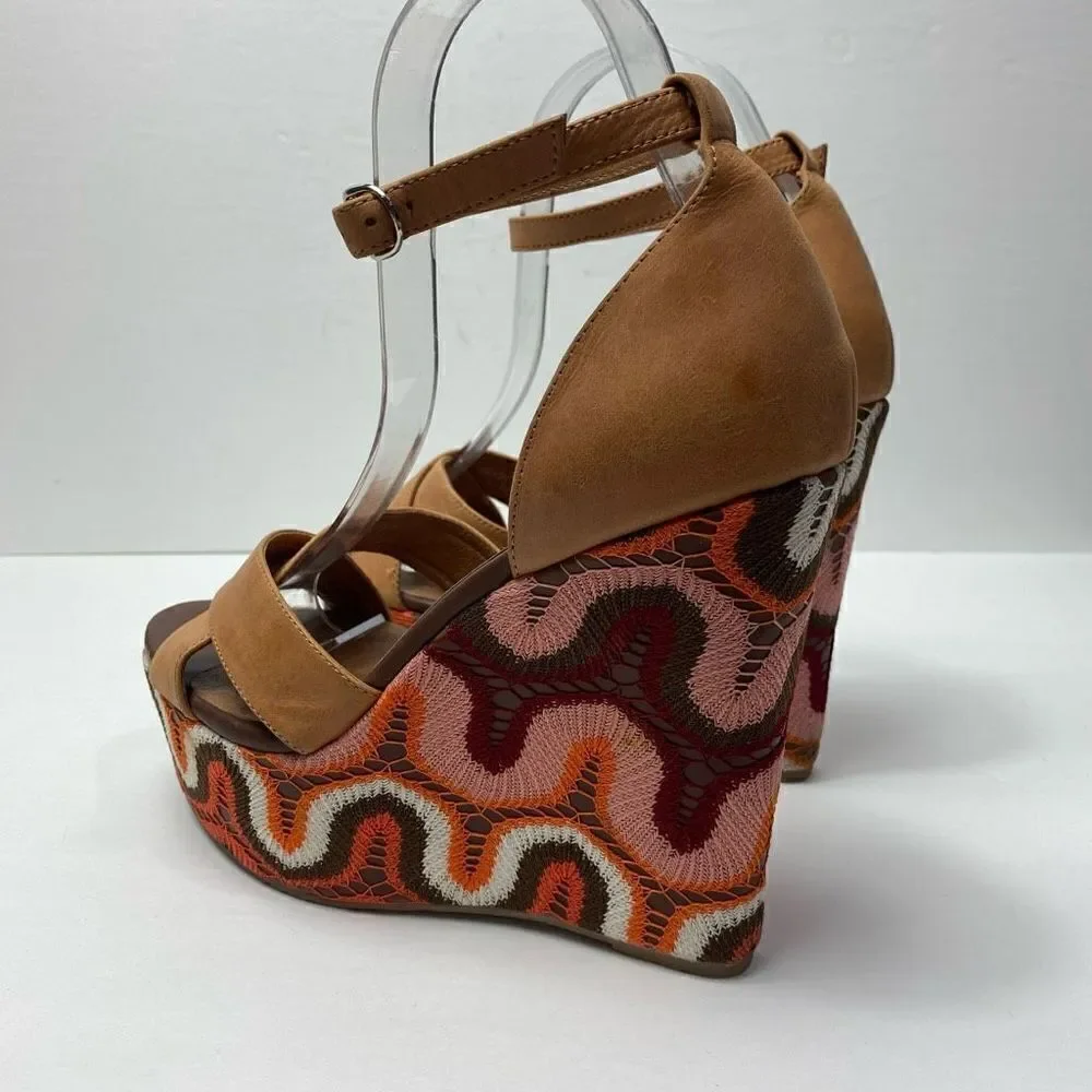 JEFFREY CAMPBELL BRADSHAW NUDE BOHO CHEVRON WOMEN'S WEDGE SANDAL 70s Size 8